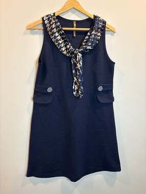 Vintage Navy Blue Sleeveless Shift Dress with Decorative Pocket Detail and Silk